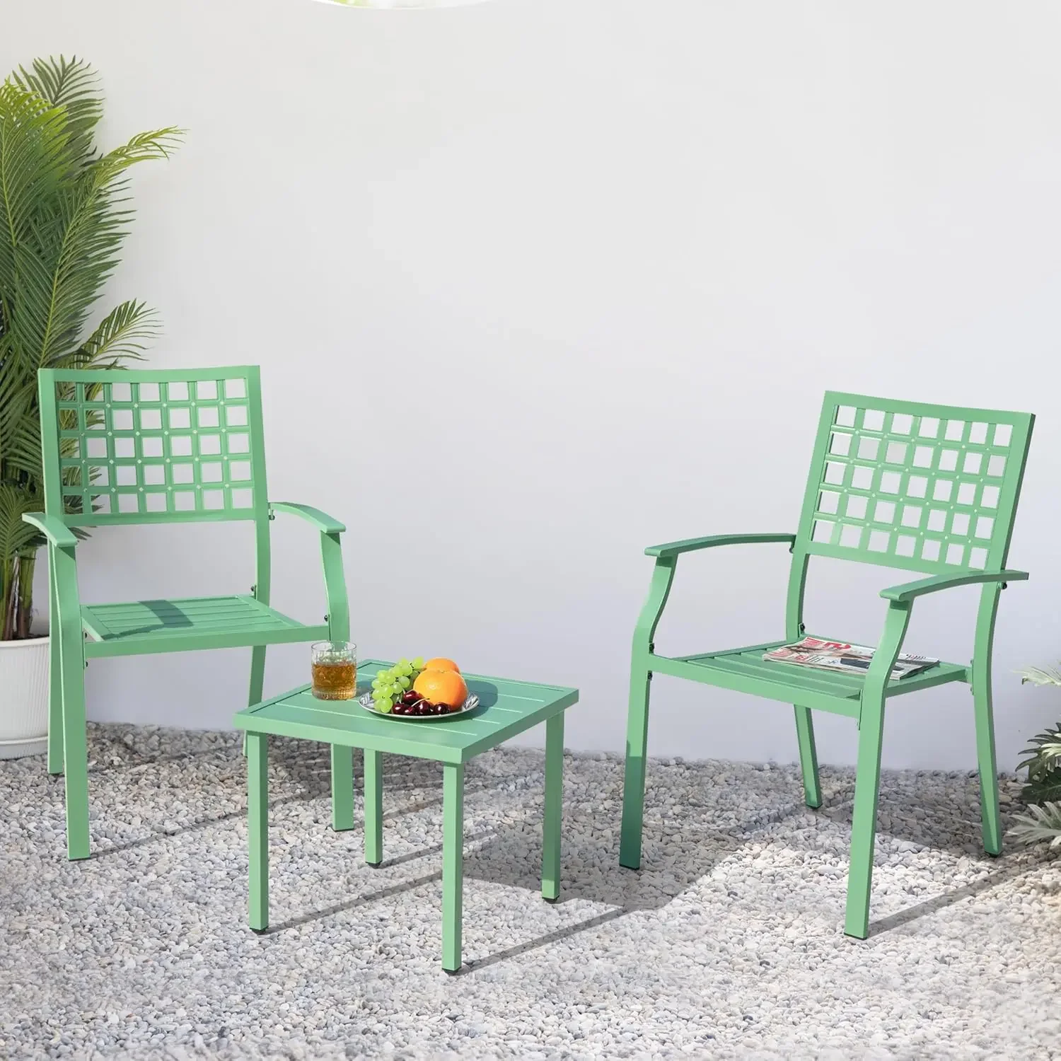 Outdoor Furniture Metal Chairs - 3ピース屋外ビストロセット、全天候型パティオ家具、2つの積み重ね可能な金属製椅子と正方形のテーブル付き、バルコニーポーチガーデンD用