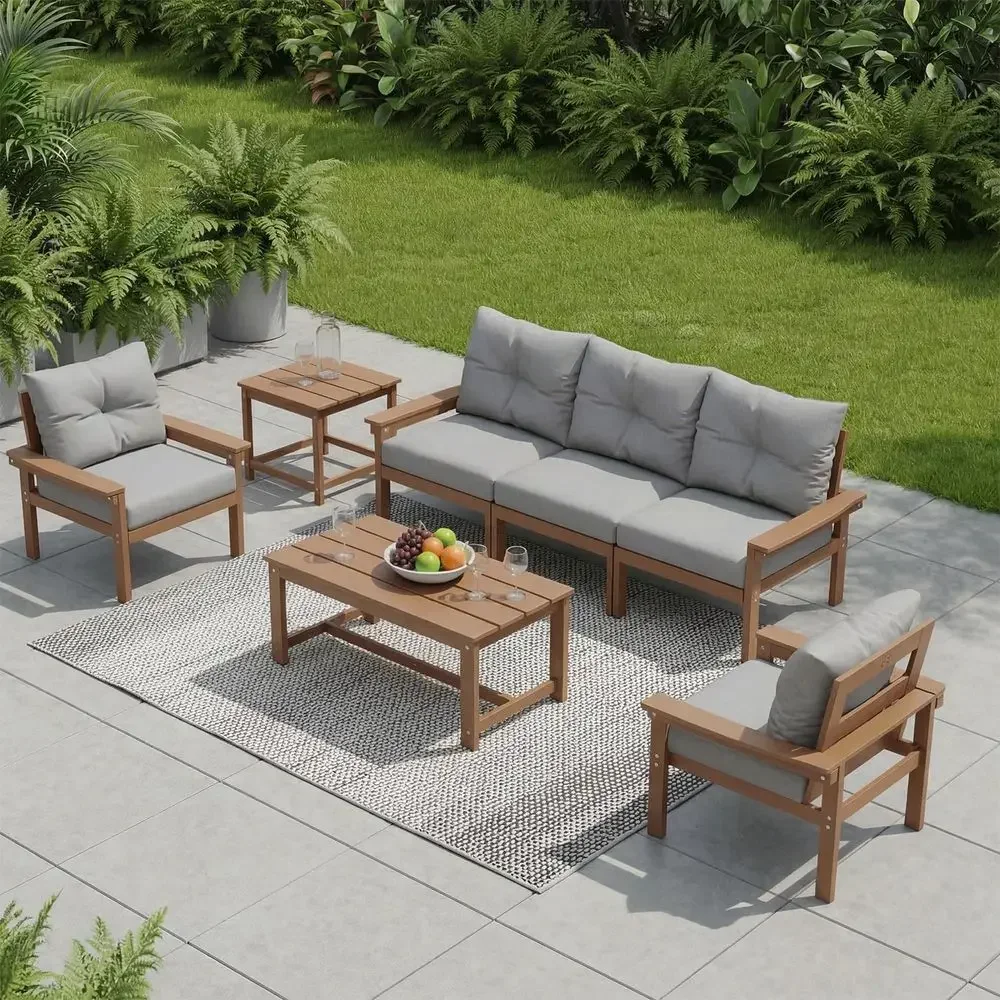 Outdoor Furniture Hdpe - 全天候型HDPE製パティオ家具セット：クッション付き4ピース屋外ソファ、コーヒーテーブルとサイドテーブル、庭、ポーチ、バルコニーに最適