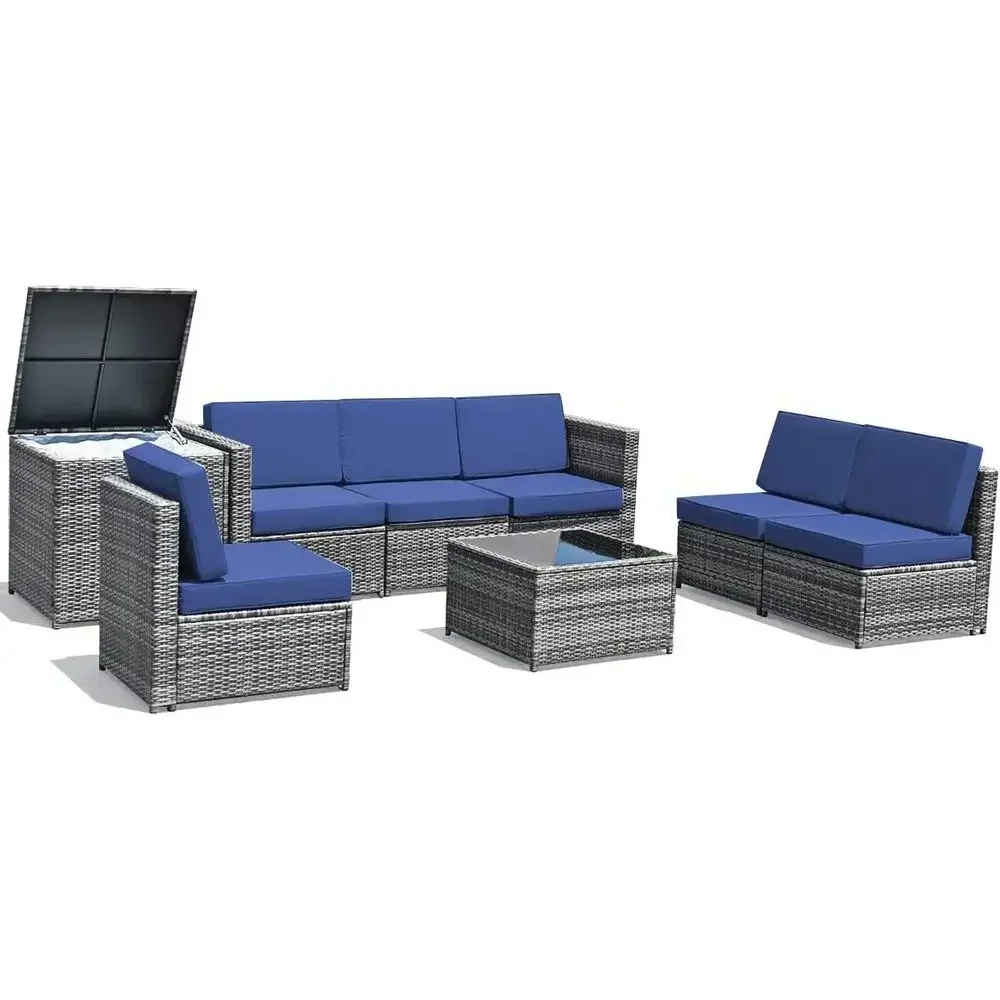 Outdoor Furniture With Storage For Cushions - 8点セットの屋外用PEラタン製パティオ家具セット（収納、セクショナルソファ、コーヒーテーブル、クッション付き） - 庭や裏庭に最適