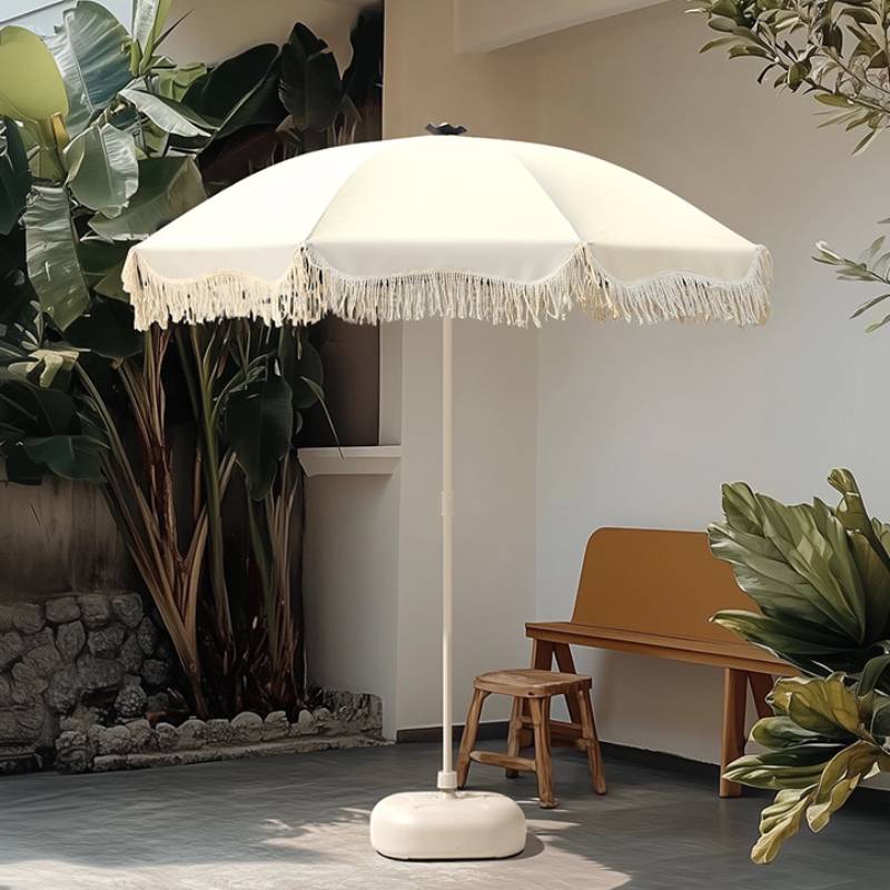 Outdoor Furniture With Umbrella - 持ち運び可能なビーチ用パラソル。UPF40+の紫外線カット機能付き。パティオ、旅行、休暇、マーケット、プール、ビーチでの使用に最適。フリンジとタッセル付き。