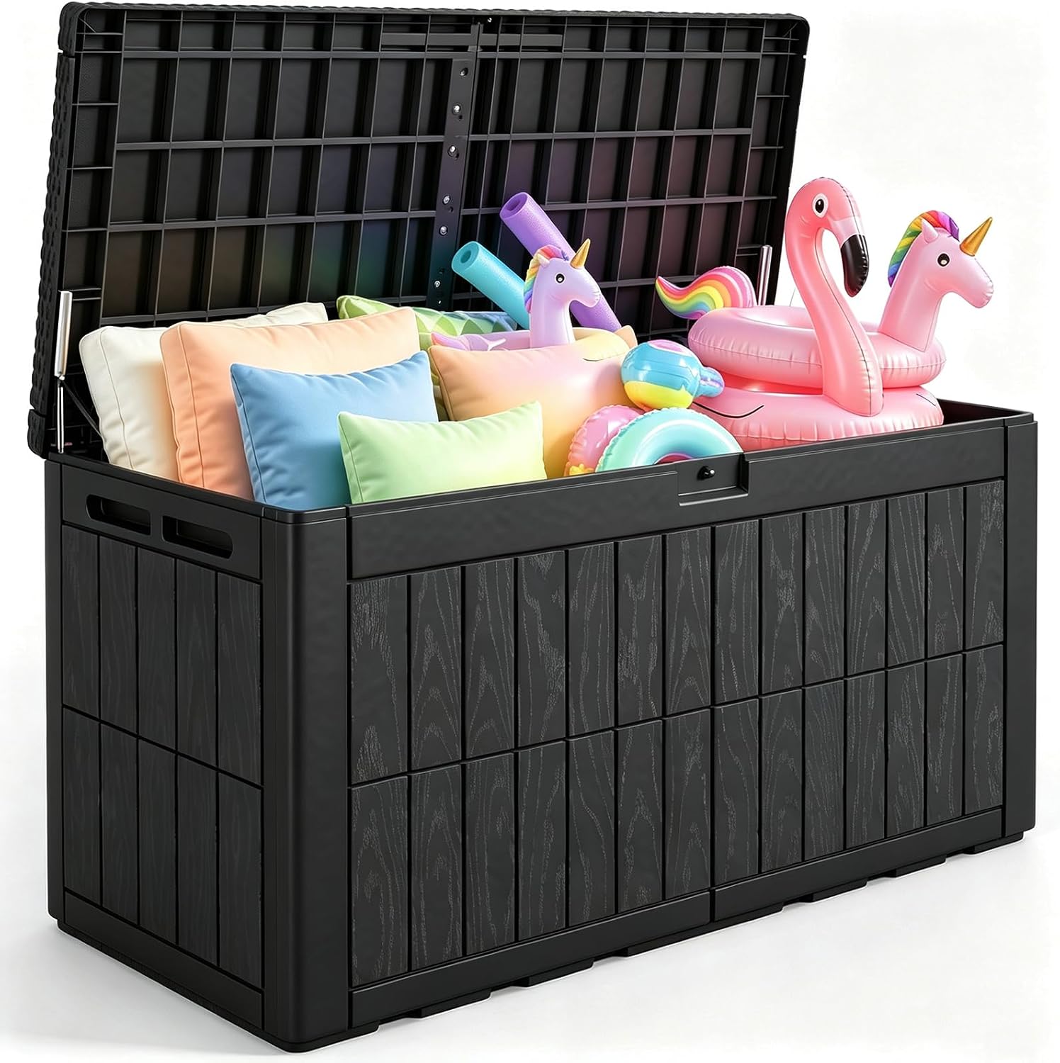 Outdoor Furniture With Storage For Cushions - 120ガロン大型屋外収納ボックス、耐候性樹脂構造、ロック可能な蓋、クッションコンテナ、デッキベンチ家具、庭、プール、パティオアクセサリー用、ブラック