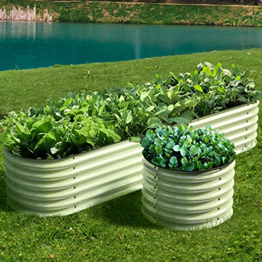 Planter Raised Metal - 屋外用のモジュール式亜鉛メッキ鋼製プランターボックス。高さ17インチ。シルバーグレーの4-in-1金属製プランターボックスで、錆びにくく、静音性に優れています。