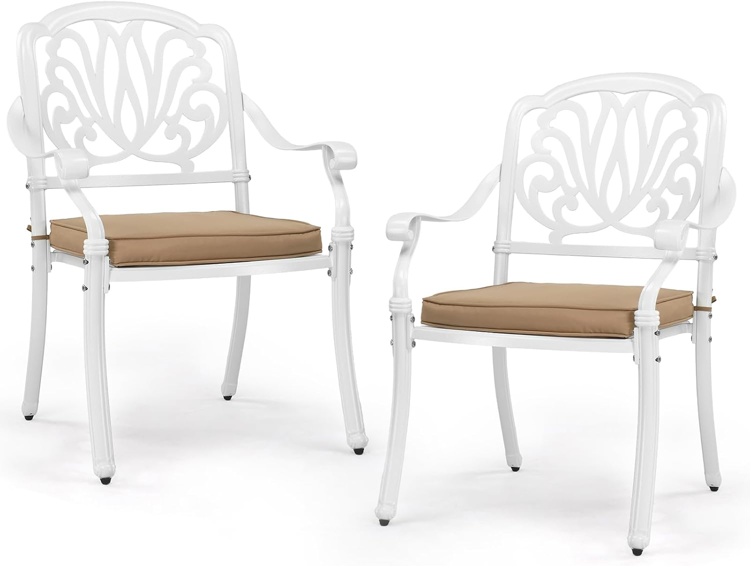 Outdoor Furniture Metal Chairs - 鋳造アルミニウム製パティオダイニングチェアセット、ソフトなクッション付きの積み重ね可能な屋外用アームチェア、裏庭、プールサイド、バルコニー、庭、芝生用の金属製花柄シート家具、ヴィンテージモダンスタイル、ホワイト、2脚セット