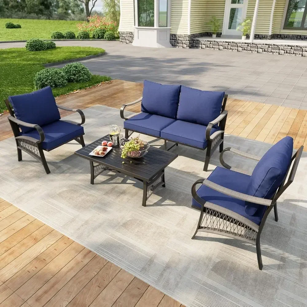 Outdoor Furniture Metal Chairs - 4点セットの屋外用金属製パティオ家具セット（椅子2脚、ラブシート、コーヒーテーブル付き） - 耐候性あり、庭やデッキに最適、ブルー