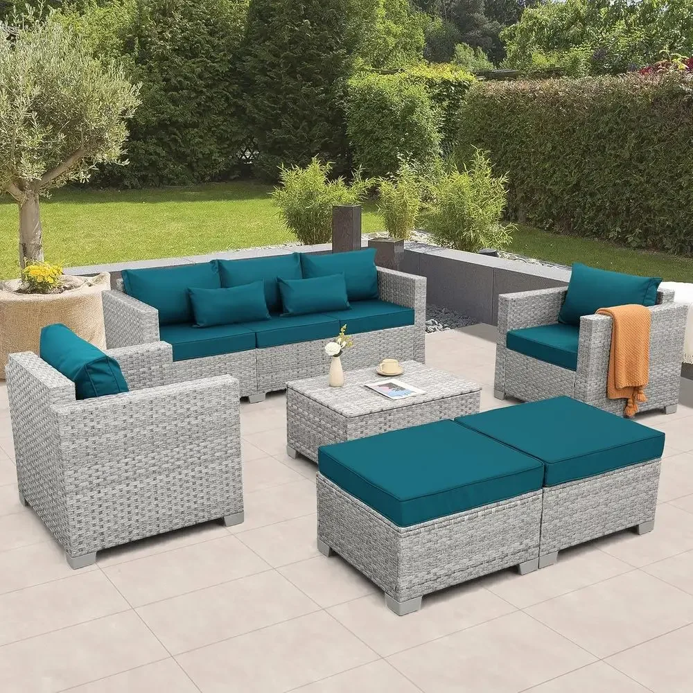 Outdoor Furniture With Storage For Cushions - 6ピースグレーウィッカー屋外パティオ家具セット、ピーコックブルーのクッションと収納コーヒーテーブル付き