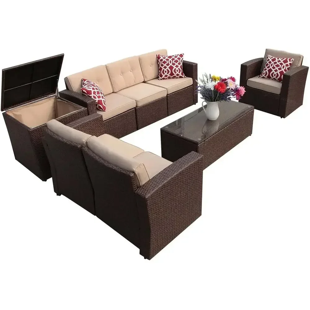 Outdoor Furniture With Storage For Cushions - 8点セットの屋外用籐製パティオ家具セット、収納とクッション付き、デッキまたはポーチ用、ブラウン