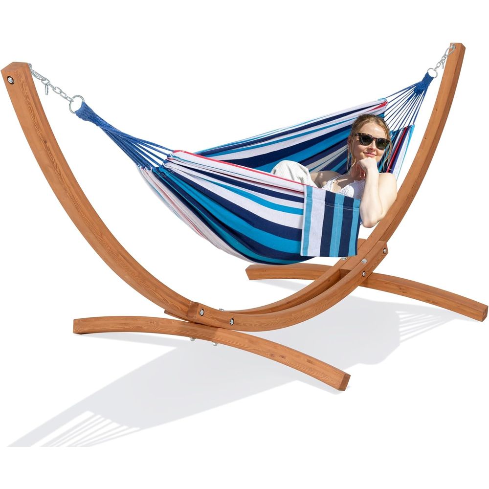 Hammock With Stand - スタンド付き屋外用ハンモック、10フィートの木製スタンド付きポータブルハンモック、ブルーストライプ