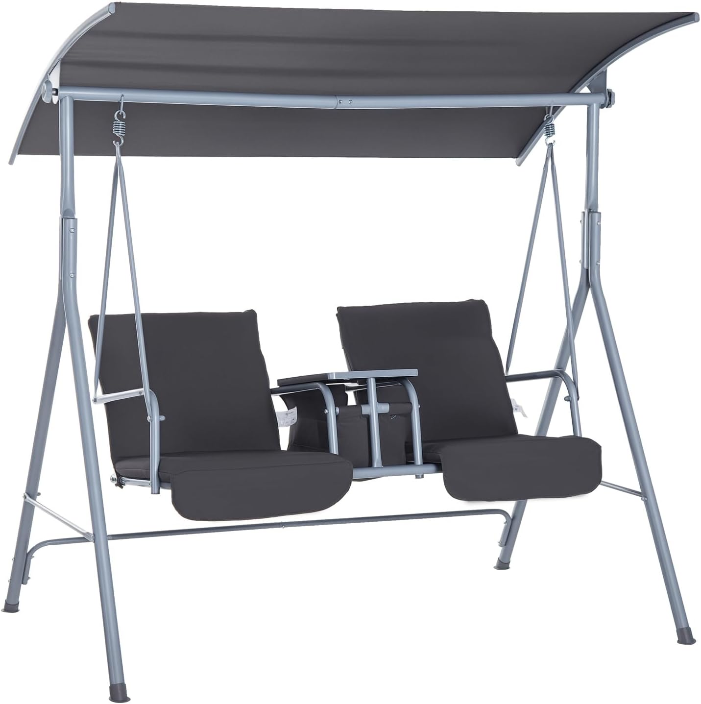 Outdoor Furniture With Storage For Cushions - 屋外用2人乗りポーチスイング（スタンド付き）、頑丈なパティオスイングチェア（日よけキャノピー付き）、クッション付きヤードグライダーベンチ（収納テーブルとカップホルダー付き）、グレー
