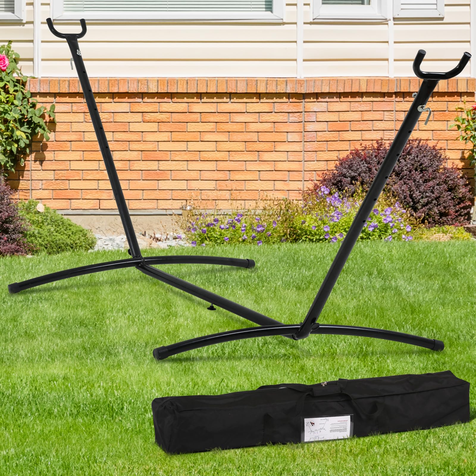 Hammock With Stand - 省スペース設計のスチール製スタンド付きダブルハンモック。耐荷重400ポンド。9フィートから13フィートまでのハンモックに対応する、持ち運び可能な頑丈なハンモックフレームスタンド。