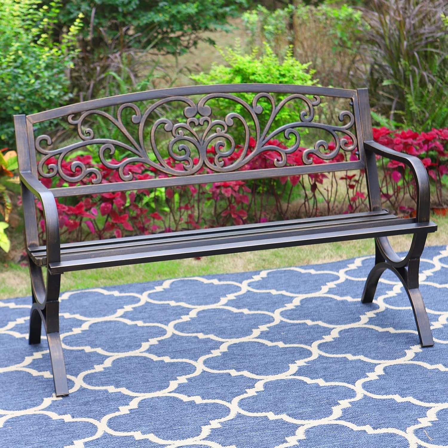 Outdoor Furniture Metal Chairs - ブロンズ製50インチ屋外ガーデンベンチ、耐候性鋳鉄製メタルベンチ、花柄デザイン、防錆パティオパークシーティング家具、玄関ポーチ、庭、芝生、デッキ用アクセントチェア