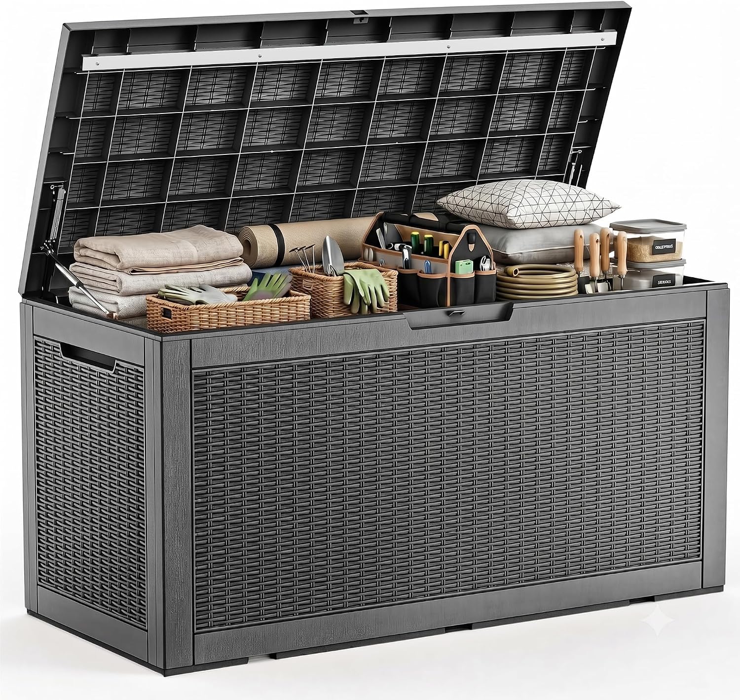 Outdoor Furniture With Storage For Cushions - 大型屋外防水樹脂製収納デッキボックス、ロック可能なパティオ収納コンテナベンチ家具、プールクッションやガーデンツールの整理用、モダンスタイル、ブラック