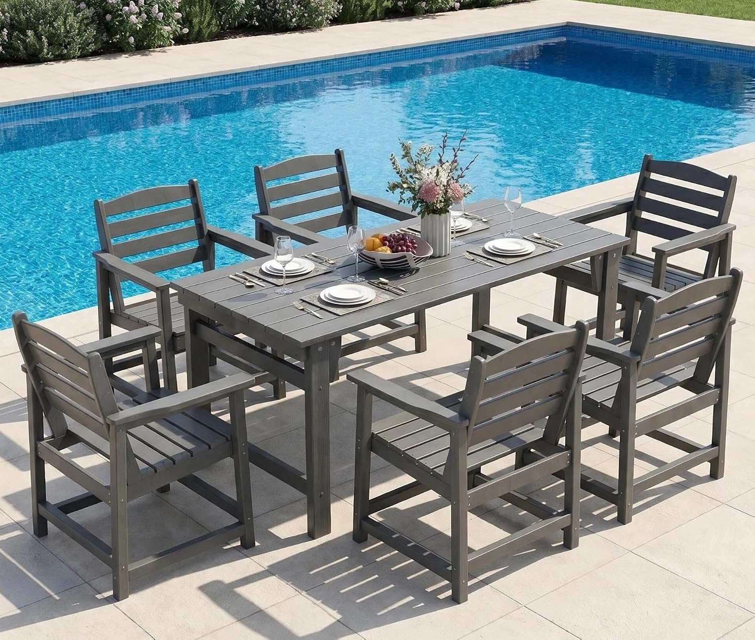 Outdoor Furniture Hdpe - 7点セットの屋外ダイニングセット、6人用67インチHDPEテーブルとチェア、傘立て付き全天候型パティオ家具、カスタマイズ可能