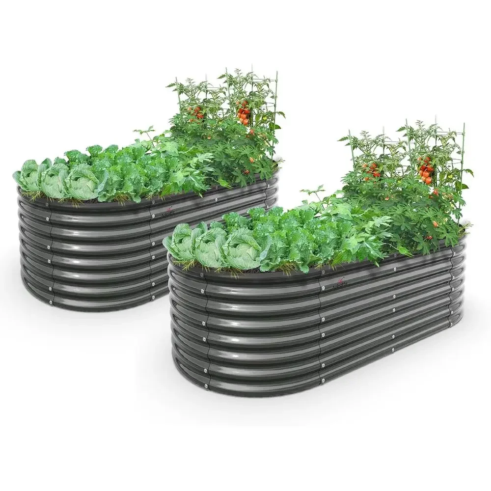 Planter Raised Metal - 楕円形大型6x3x2亜鉛メッキ金属製高床式菜園 - 2個セット、深根用プランター、屋外野菜・ハーブ用、防錆、簡単設置