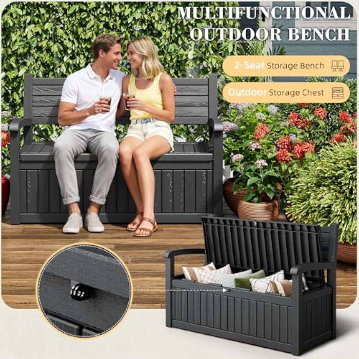 80ガロン容量の屋外収納ベンチ、防水加工の樹脂製、鍵付き、庭 - Outdoor Furniture With Storage For Cushions のレビューと価格