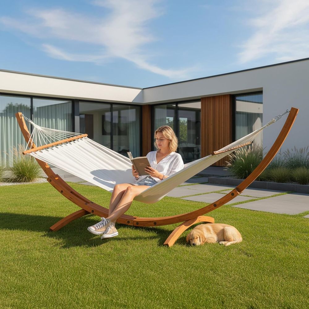 ダブルハンモックセット（曲線状の堅木製スタンド付き）- 10 - Hammock With Stand のレビューと価格