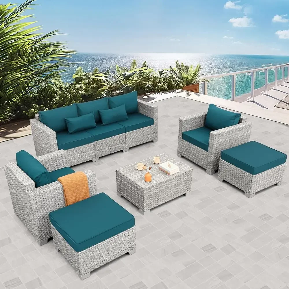 6ピースグレーウィッカー屋外パティオ家具セット、ピーコックブ - Outdoor Furniture With Storage For Cushions のレビューと価格