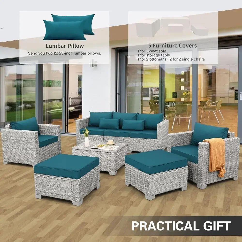 6ピースグレーウィッカー屋外パティオ家具セット、ピーコックブ - Outdoor Furniture With Storage For Cushions のレビューと価格