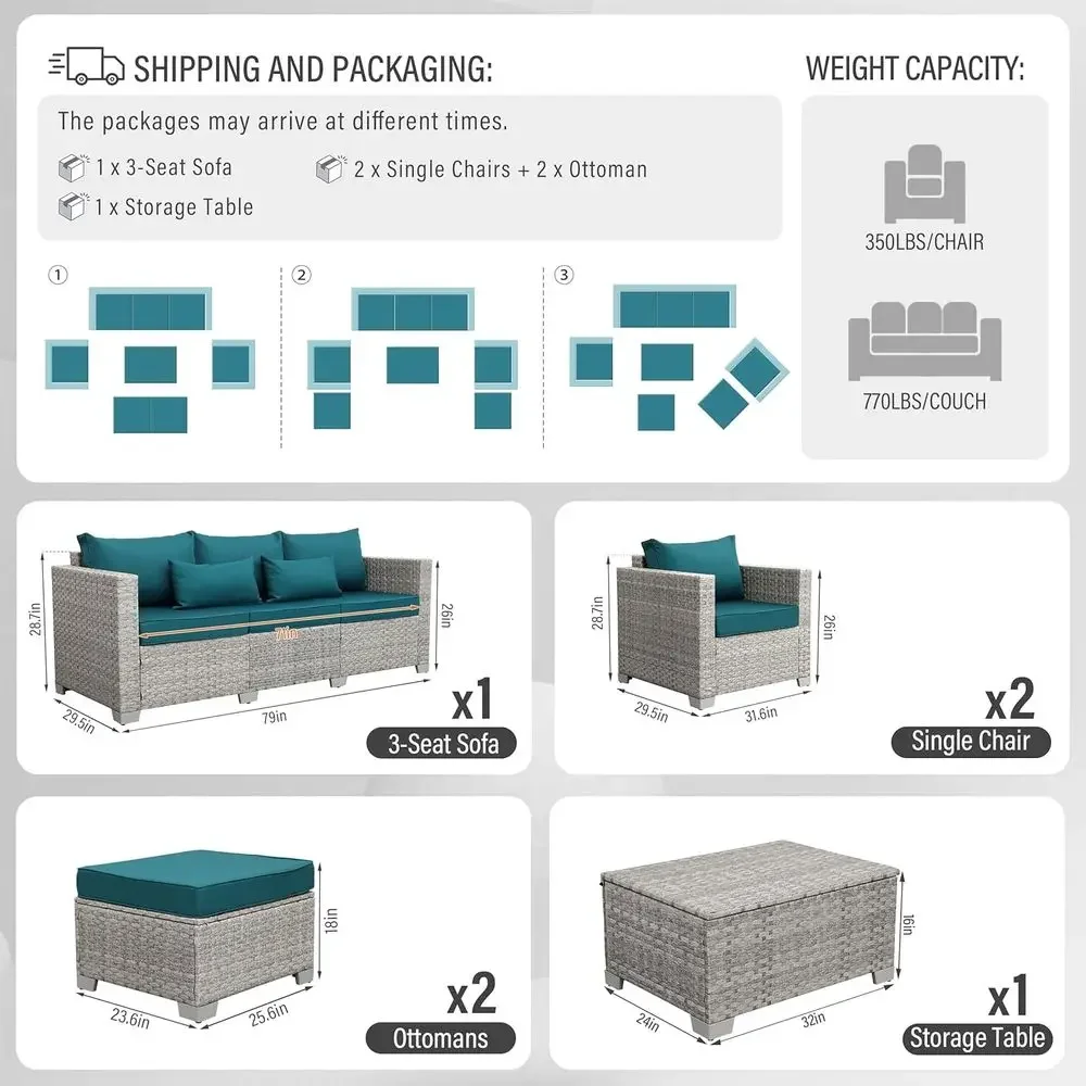6ピースグレーウィッカー屋外パティオ家具セット、ピーコックブ - Outdoor Furniture With Storage For Cushions のレビューと価格