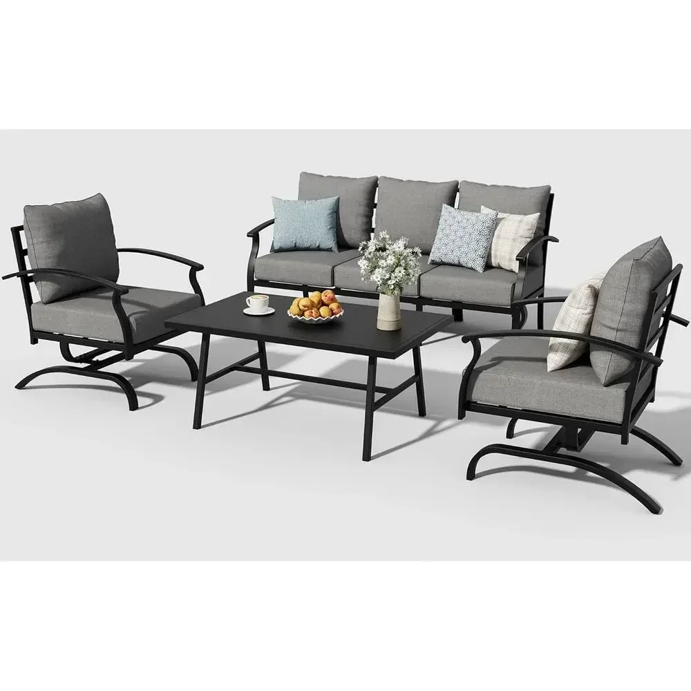 グレーの屋外用金属製パティオ家具セット（コーヒーテーブルとロ - Outdoor Furniture Metal Chairs のレビューと価格
