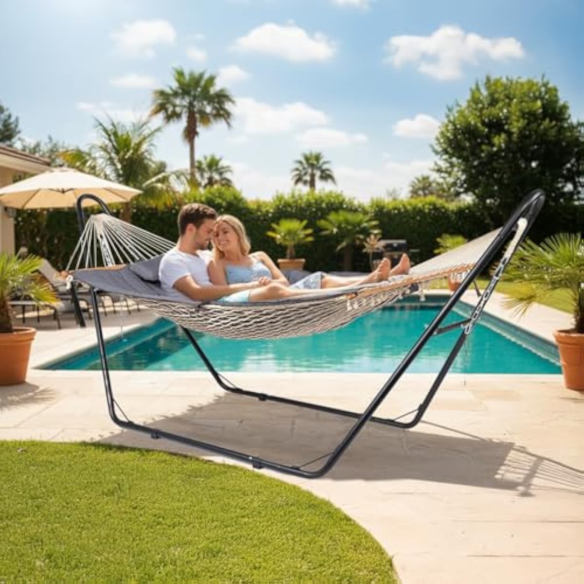 屋外用、頑丈なダブルハンモック（スタンド付き）、耐荷重550 - Hammock With Stand のレビューと価格