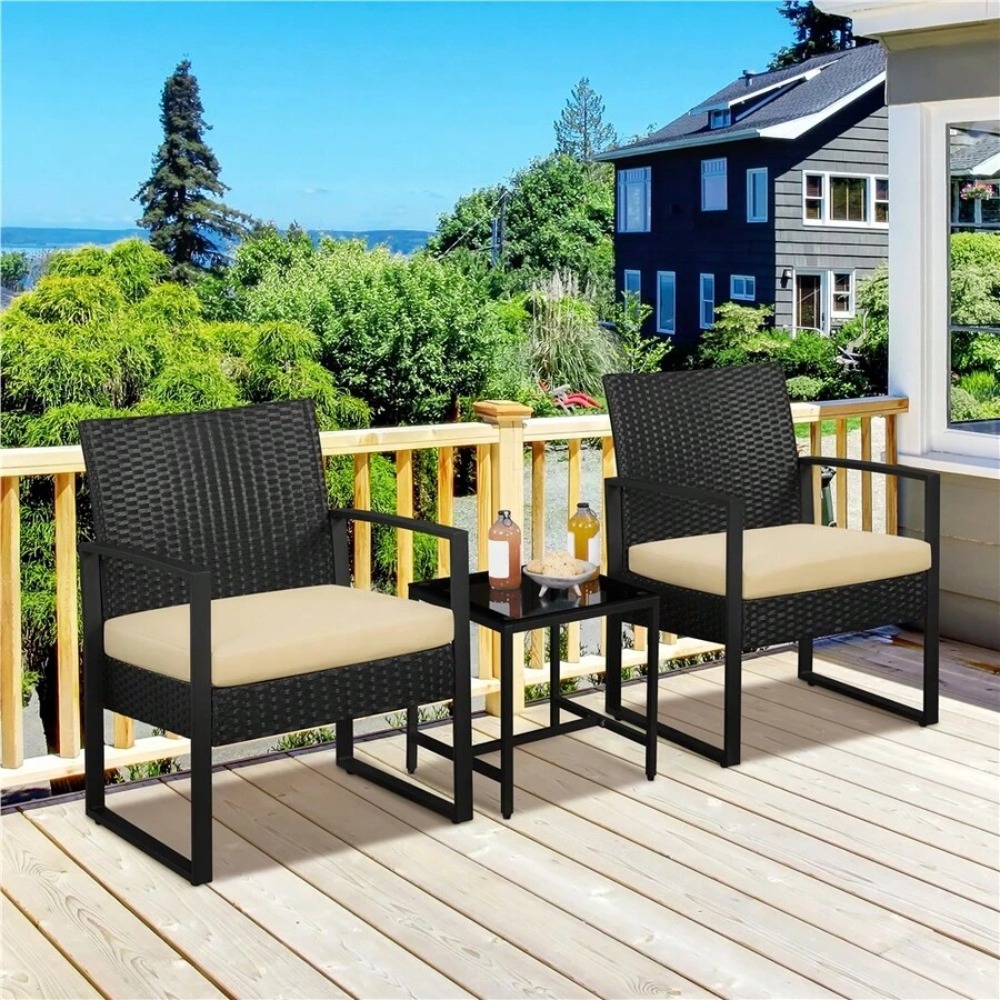 3ピースの屋外用籐製家具セット（籐製チェア2脚とコーヒーテー - Outdoor Furniture Metal Chairs のレビューと価格