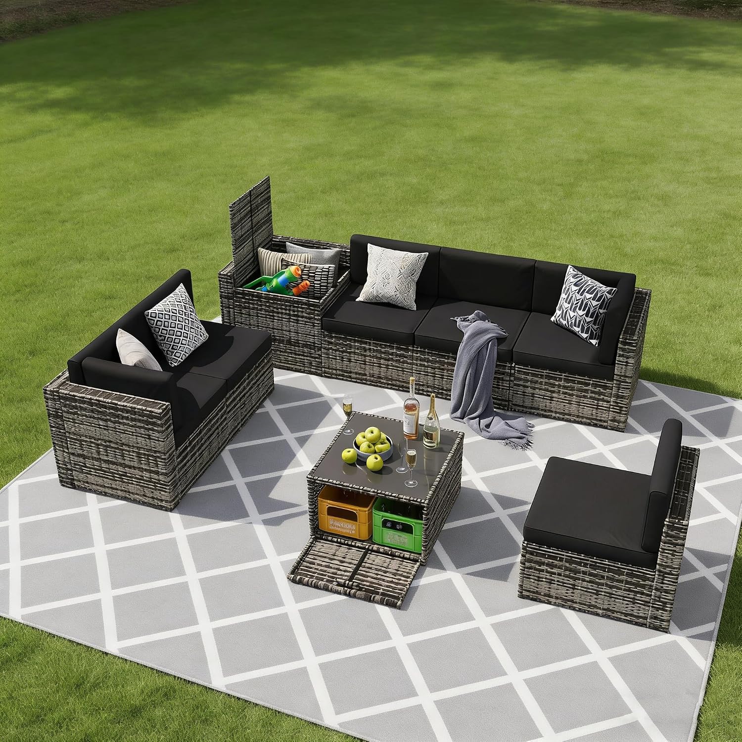 8ピースの籐製パティオセクショナルソファセット、収納ボックス - Outdoor Furniture With Storage For Cushions のレビューと価格