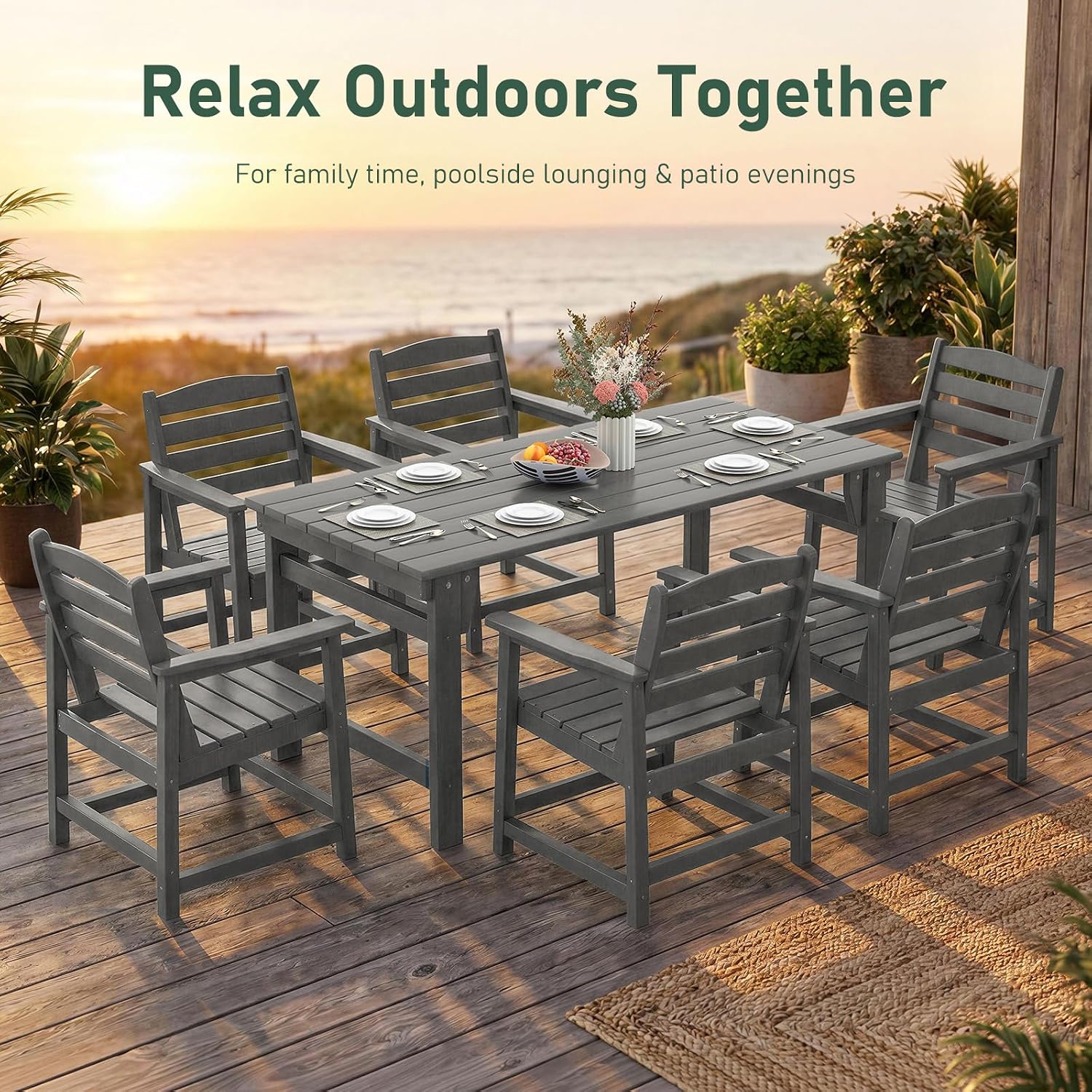 7点セットの屋外ダイニングセット、6人用67インチHDPEテ - Outdoor Furniture Hdpe のレビューと価格