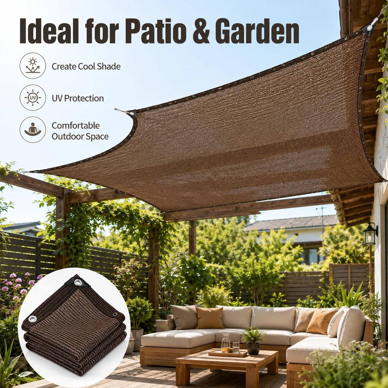 大型中庭遮光ネット – コーヒーカラー、耐久性のあるHDPE - Outdoor Furniture Hdpe のレビューと価格